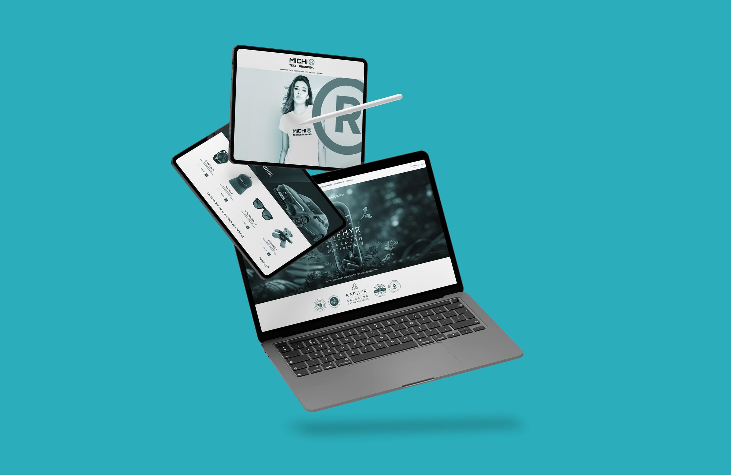 Laptop, tablet en smartphone zweven voor een turquoise achtergrond, elk met een ander kant-en-klaar websiteontwerp
